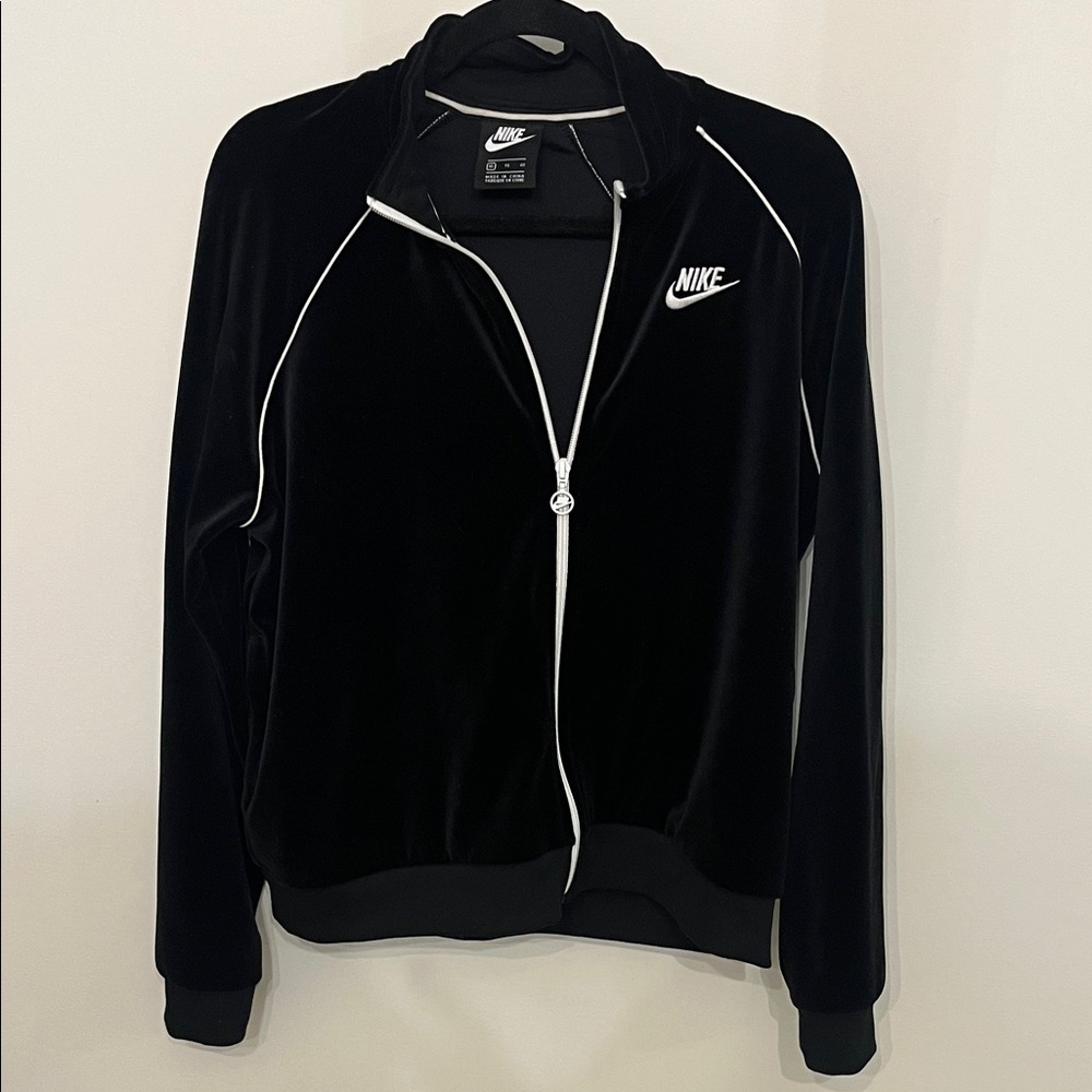 Nike Women's Black Velour Zip-Up Sweatshirt with White Accents